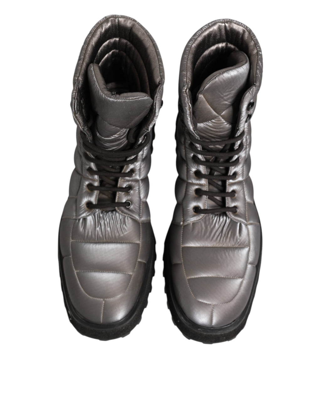 Bottes en cuir argenté Dolce & Gabbana, mi-mollet, à lacets, doublées rembourrées, chaussures élégantes pour femmes.