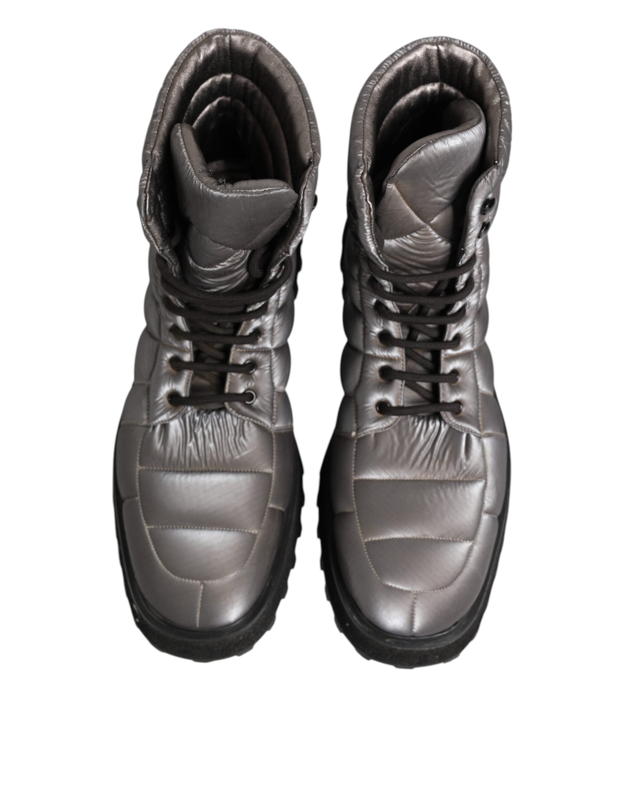 Bottes en cuir argenté Dolce & Gabbana, mi-mollet, à lacets, doublées rembourrées, chaussures élégantes pour femmes.