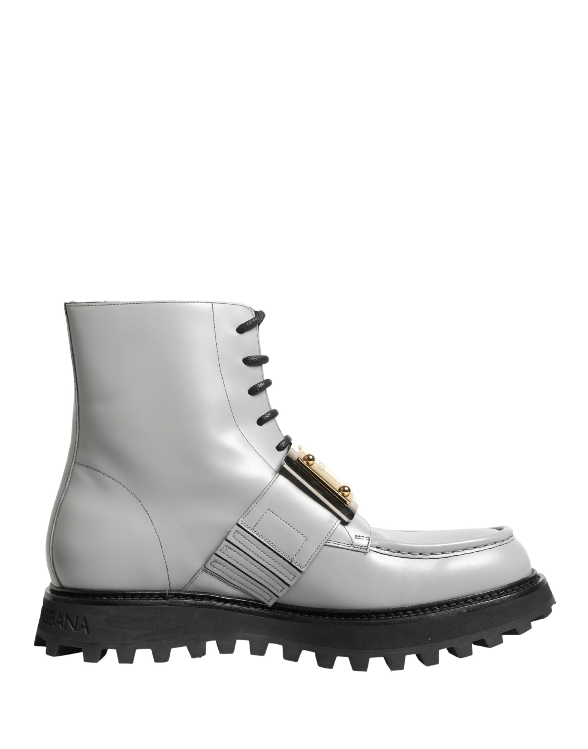 Bottes ankle en cuir gris Dolce & Gabbana avec plaque logo, semelle en caoutchouc et design élégant.