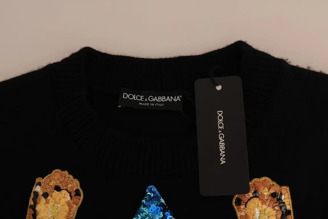 Dolce & gabbana fairy tale crystal pull noir en cachemire avec motifs de pattes de lion brodées et sequins dorés bleus et noirs