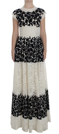 Robe maxi noire et blanche en dentelle floral ricamo avec broderies florales sur corsage et jupe dolce gabbana