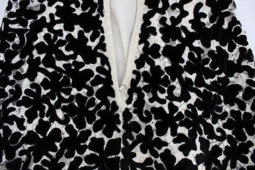 Robe longue maxi noire et blanche en dentelle florale avec applications veloutées dolce gabbana