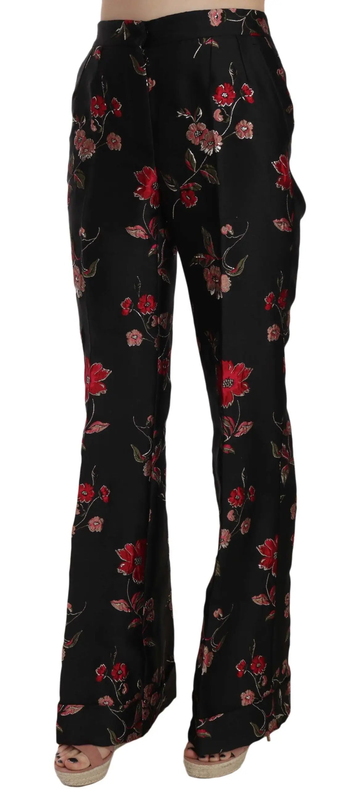 Pantalon bootcut noir dolce & gabbana à imprimé floral rouge et rose en tissu fluide avec jambes larges