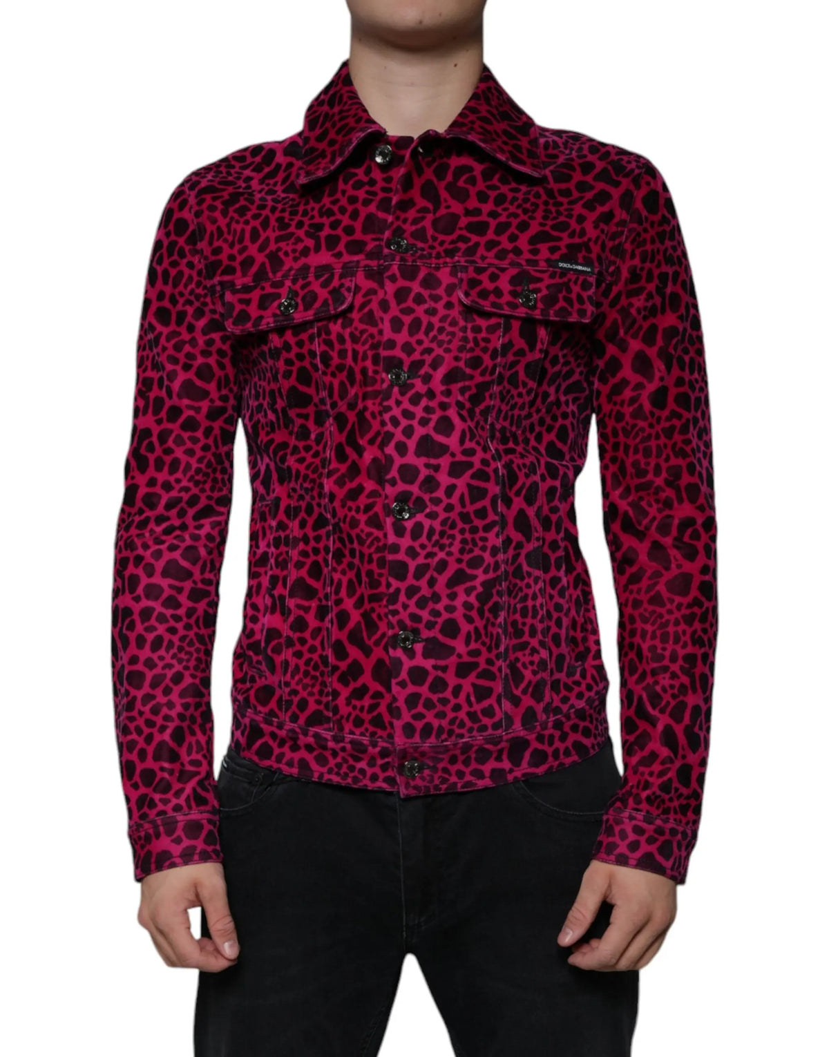 Veste en denim dolce & gabbana fuchsia léopard avec col boutonné classique et poches poitrine noire et magenta