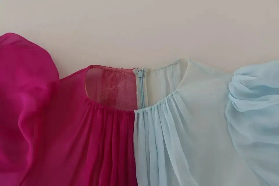 Blouse fuchsia et bleu clair en soie transparente à manches bouffantes dolce & gabbana midi two tone