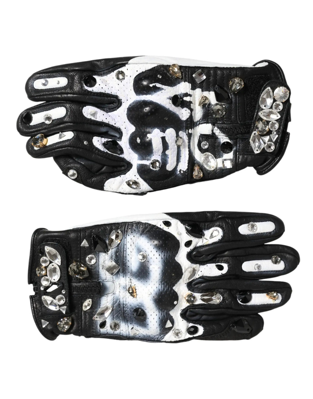 Gants dolce & gabbana noir et blanc en cuir ornés de cristaux avec motif tête de mort vue dos