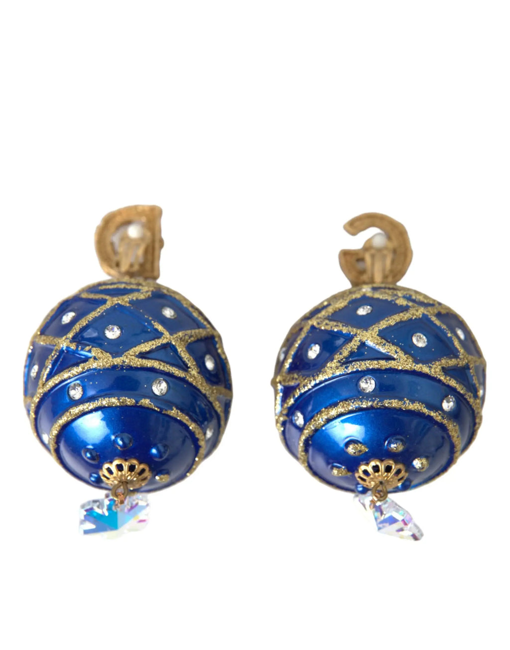 Boucles doreilles clip bleu et or dolce & gabbana en laiton avec boule de noel cristal pendante et strass étincelants