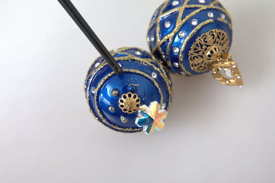 Deep blue ornate christmas earrings with gold brass filigree and crystal rhinestones by dolce & gabbana
