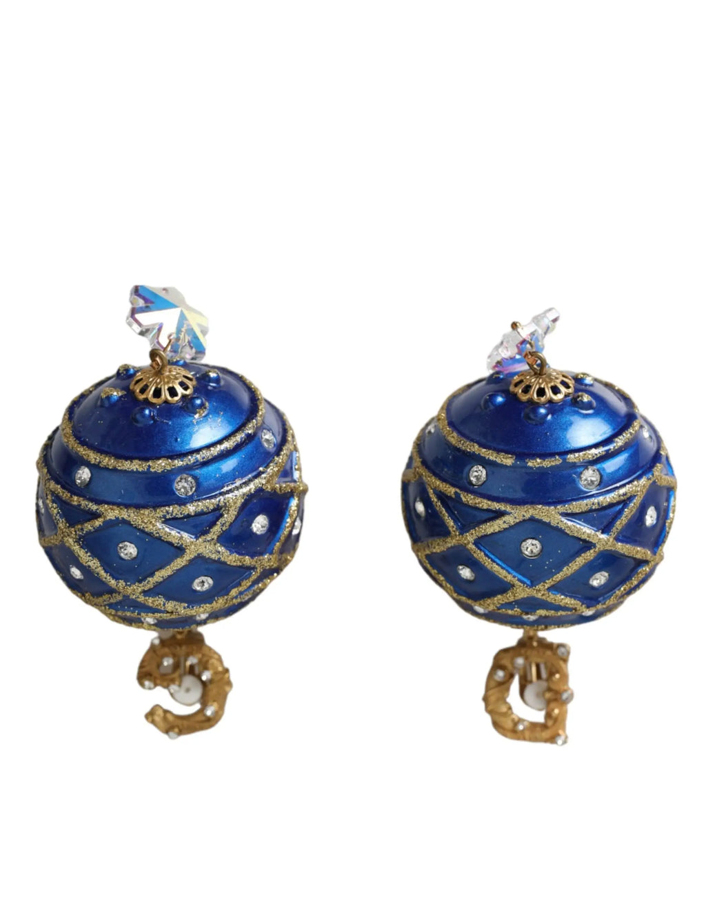 Boucles doreilles clip dolce & gabbana en forme de boule de noël bleue avec treillis doré et cristaux clairs