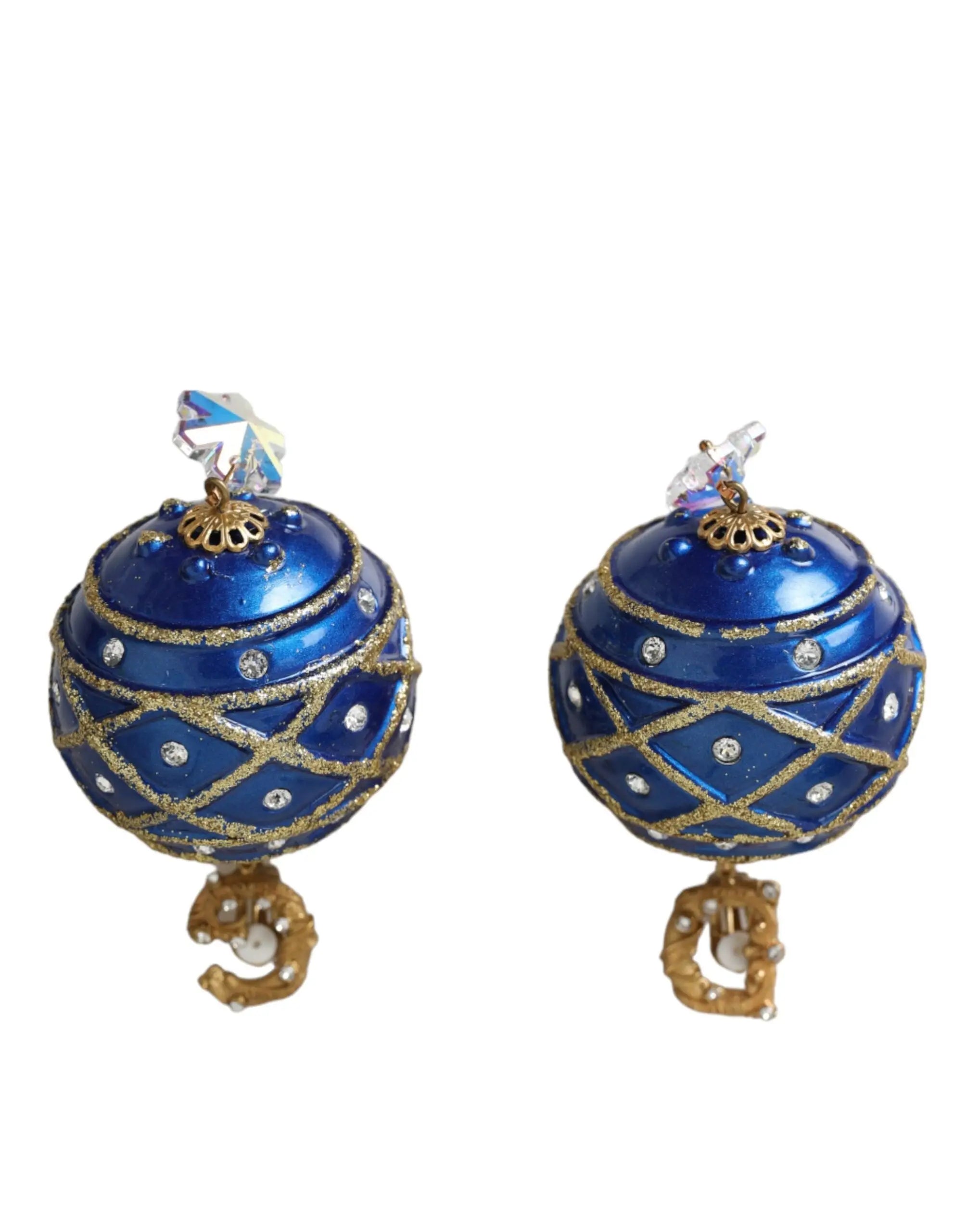 Boucles doreilles clip dolce & gabbana en forme de boule de noël bleue avec treillis doré et cristaux clairs