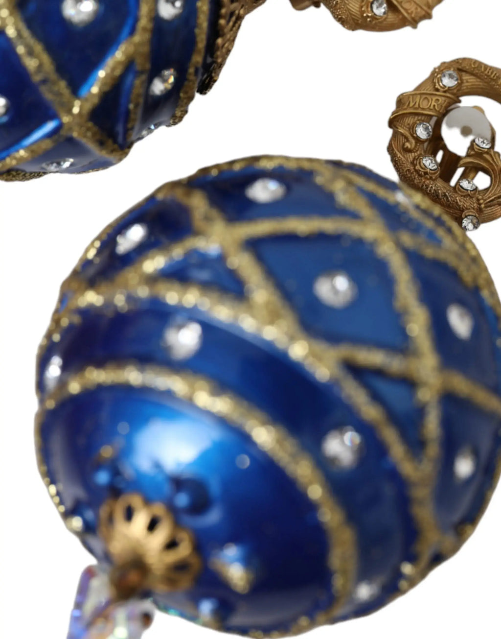 Boucles d’oreilles clip on dolce & gabbana en laiton doré avec pendentifs en forme de boule de noël bleue émaillée et cristaux