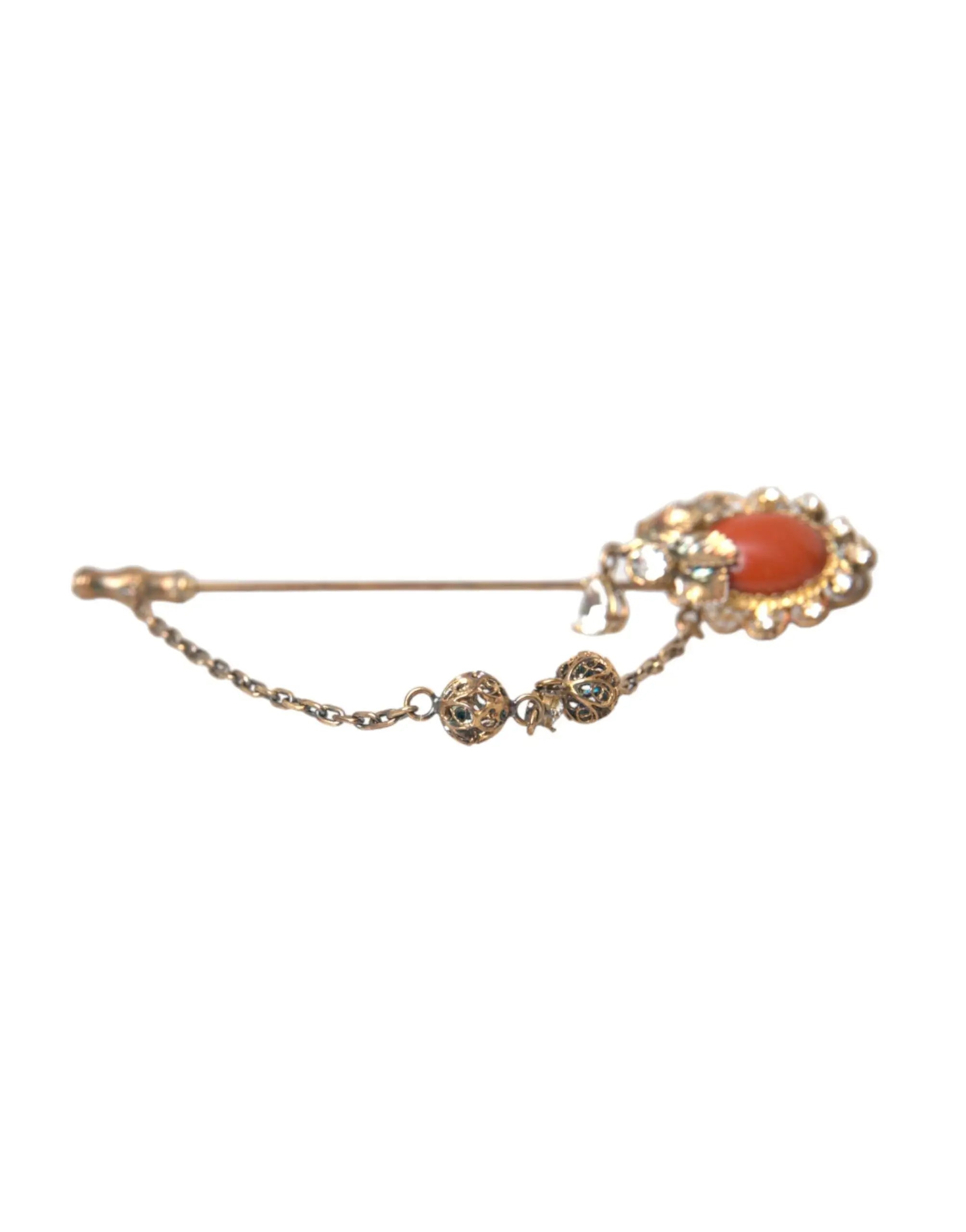 Broche épingle dolce & gabbana en laiton doré avec chaîne en cristal sterling 925 et centre corail orné