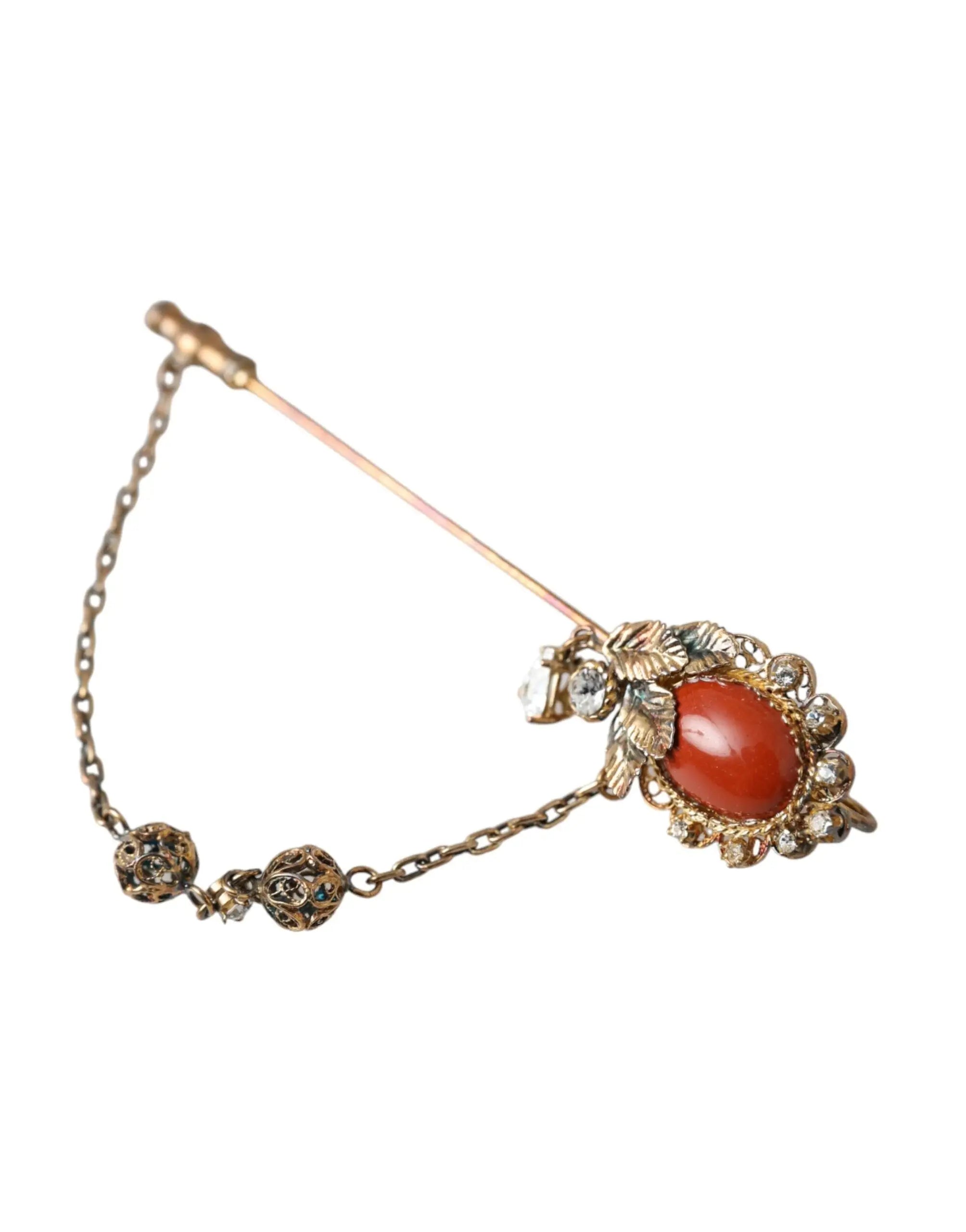 Dolce & gabbana broche épingle en argent sterling 925 doré avec pierre corail ovale et chaîne ornée de perles décoratives