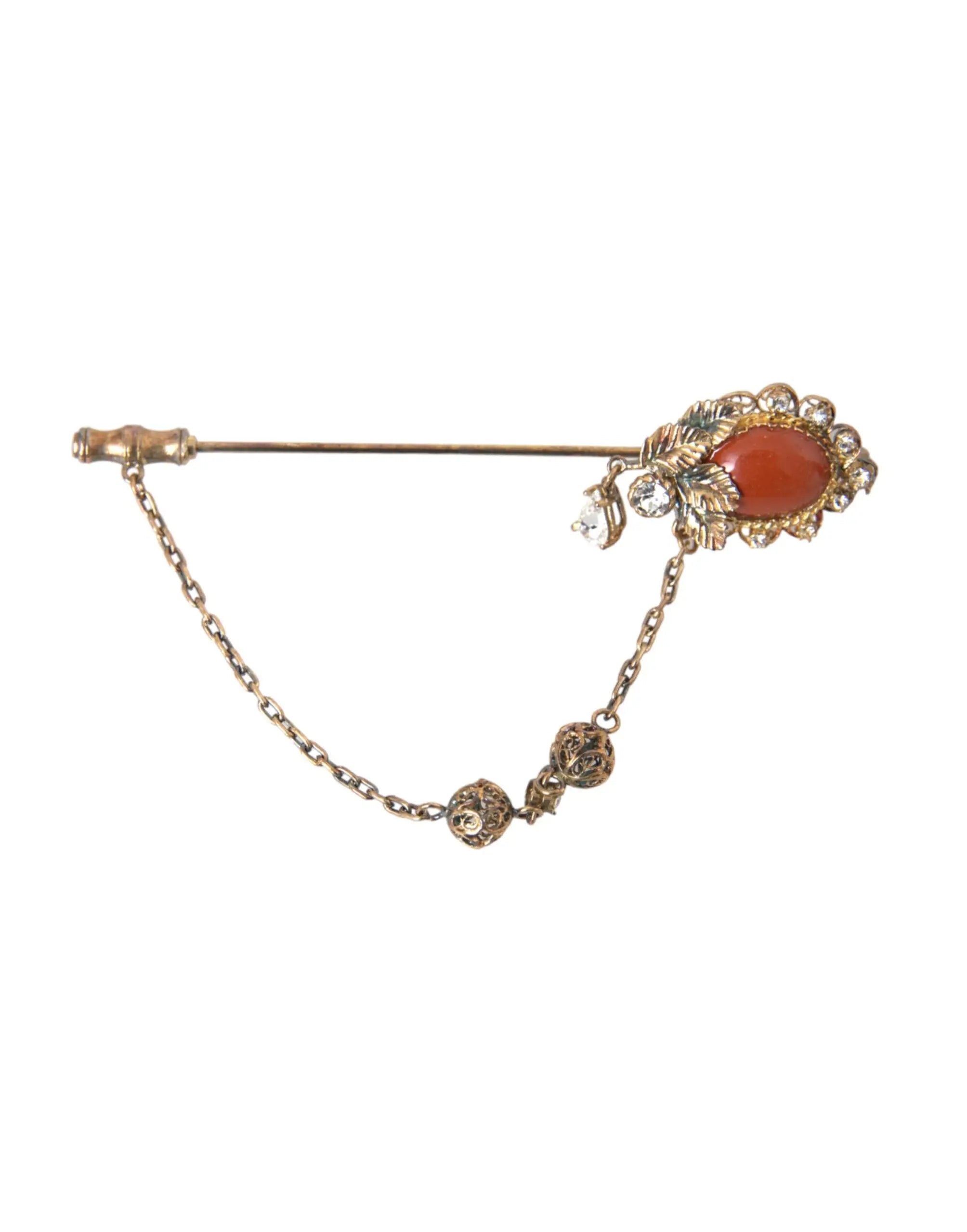 Épingle à chapeau dolce & gabbana en laiton doré avec cristal chaîne en argent sterling 925 et centre corail ovale