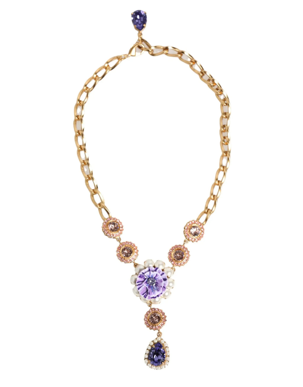 Collier dolce & gabbana en laiton doré avec pendentif floral violet en cristal, perles et breloques cuivrées
