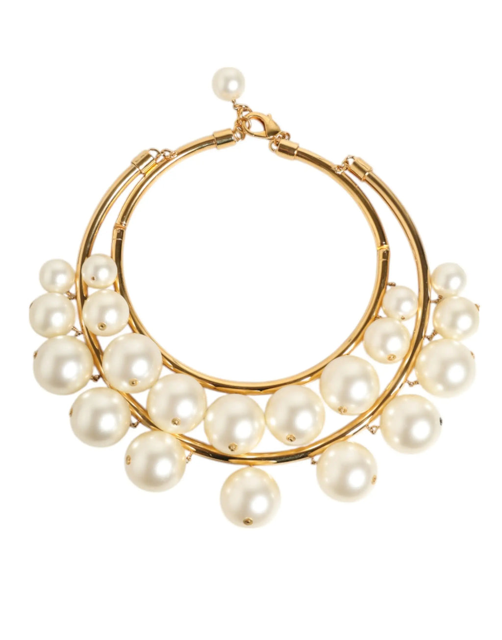 Collier statement luxe en laiton doré dolce gabbana avec perles blanches et cristaux faux sur anneaux dorés