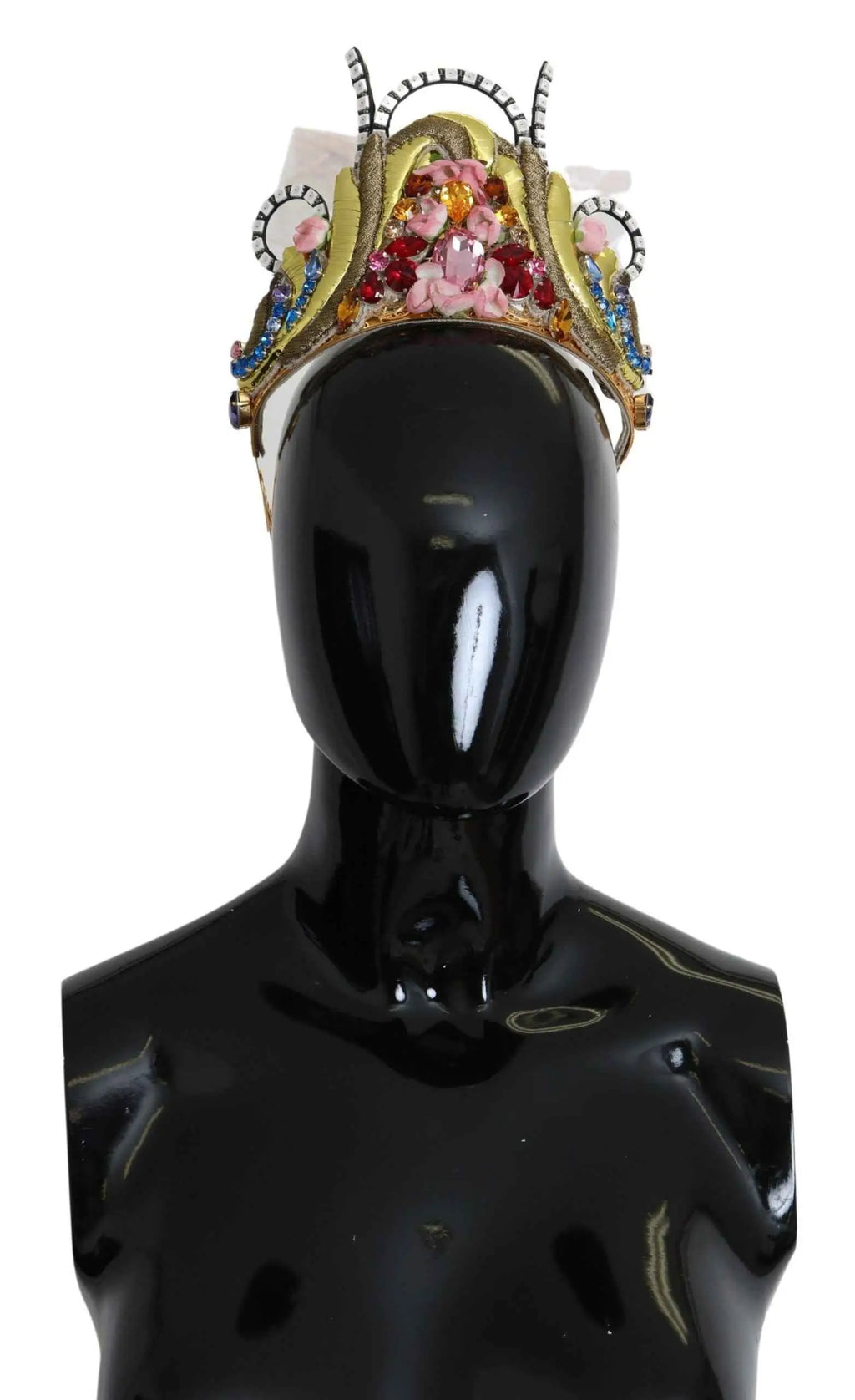 Dolce & gabbana tiara en laiton doré orné de cristaux roses et rouges avec lumière led sur base jaune