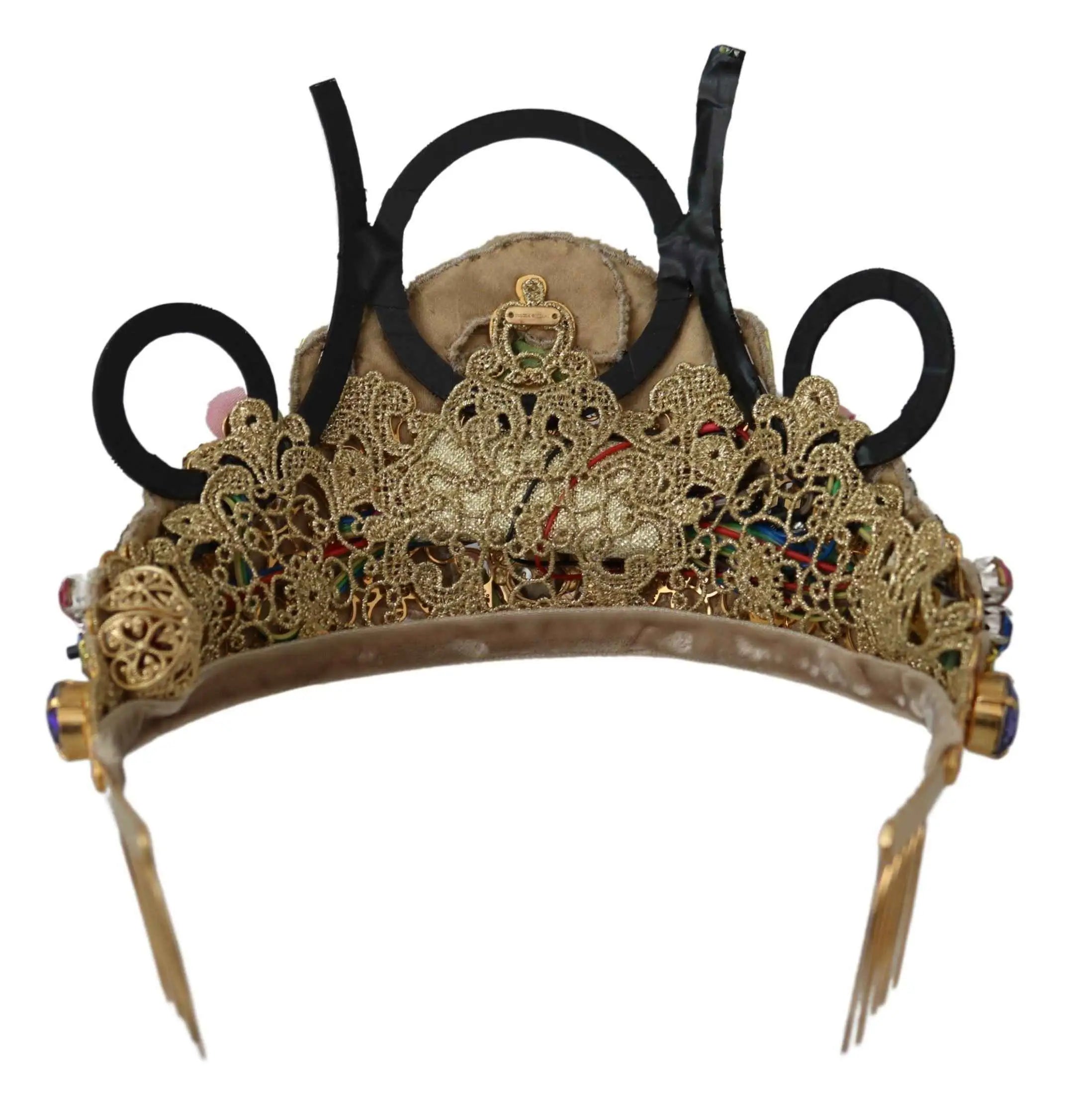 Tiara en dentelle dorée dolce & gabbana avec bandes élastiques noires et cristaux colorés led pour couronne florale