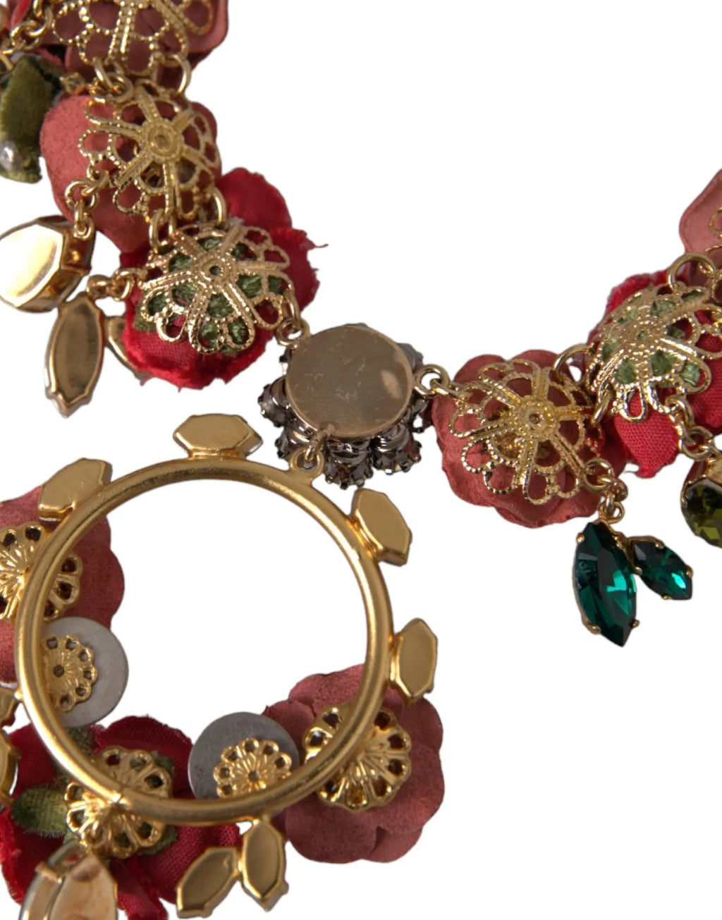 Collier dolce & gabbana en chaîne de laiton doré avec pendentif cristal pétale de rose rouge et pierres vert émeraude