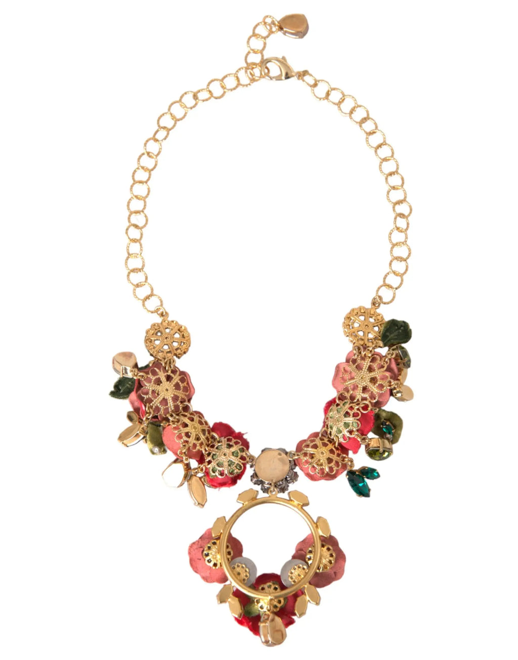 Collier dolce & gabbana en laiton doré avec chaîne link, fleurs en tissu roses et rouges, pendentif cristal et feuilles vertes