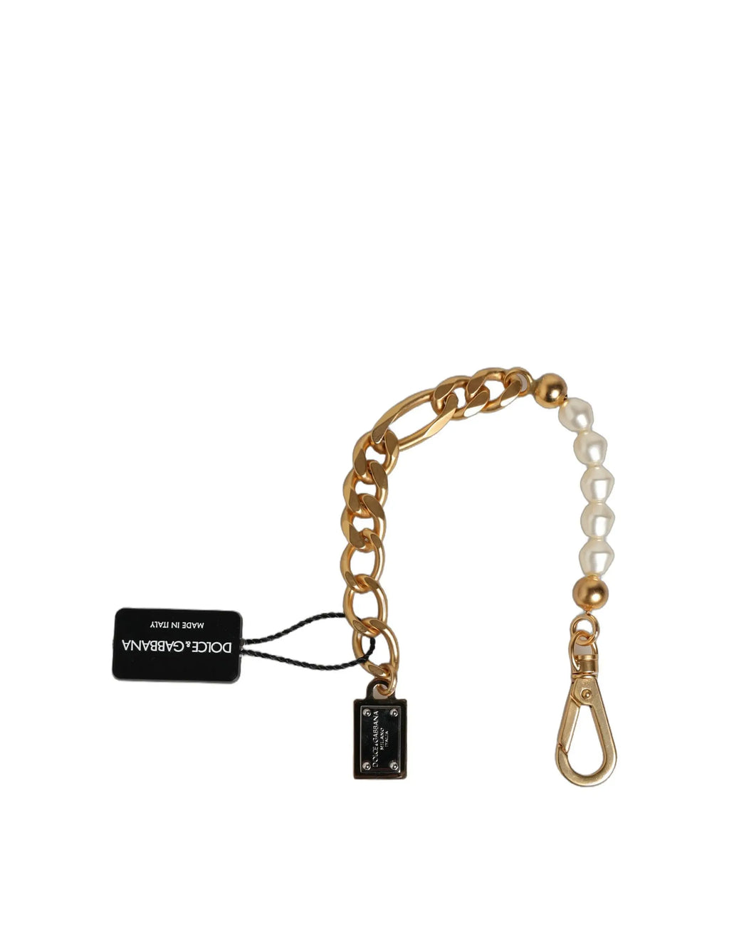 Bracelet dolce & gabbana en laiton doré avec chaîne ornée de perles blanches et plaque noire marque