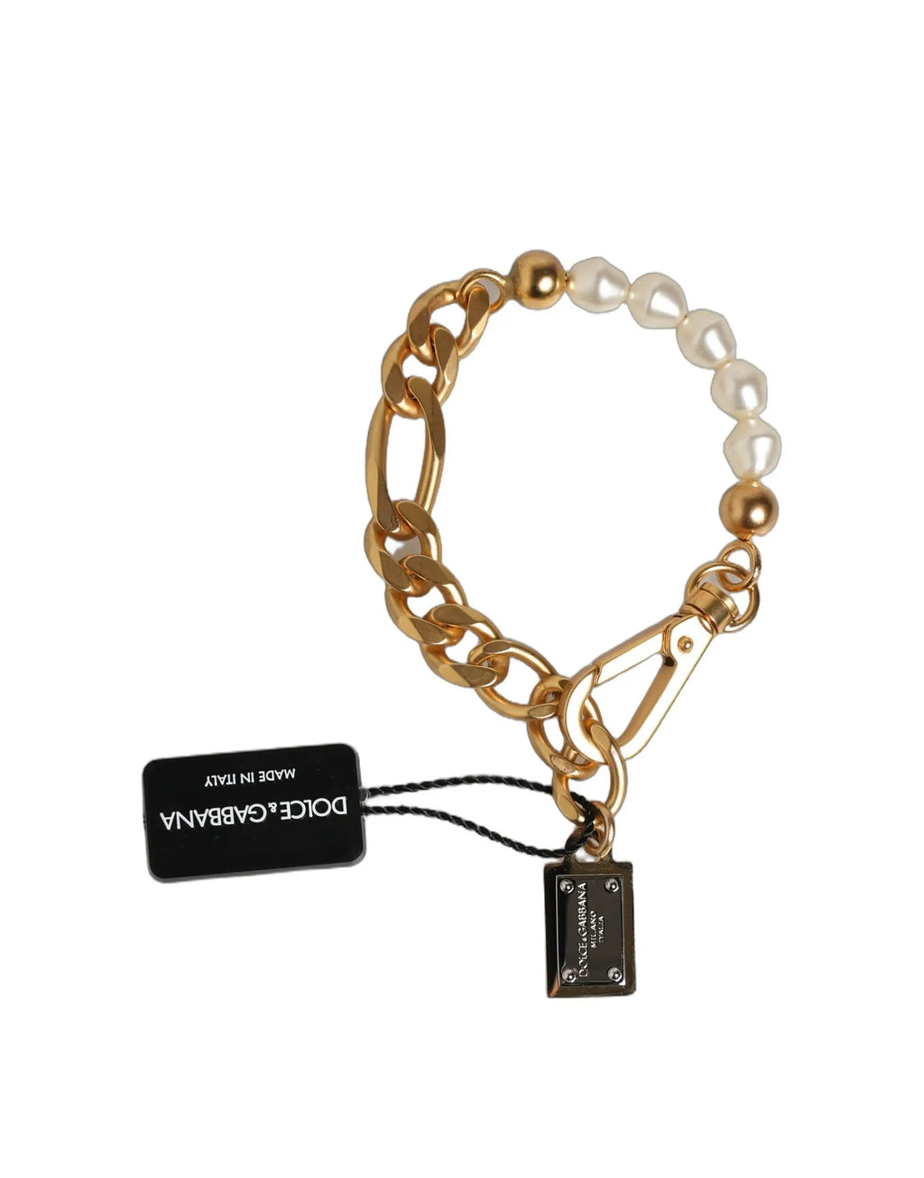 Bracelet chaîne en laiton doré dolce & gabbana avec perles alternées et breloque signature rectangulaire