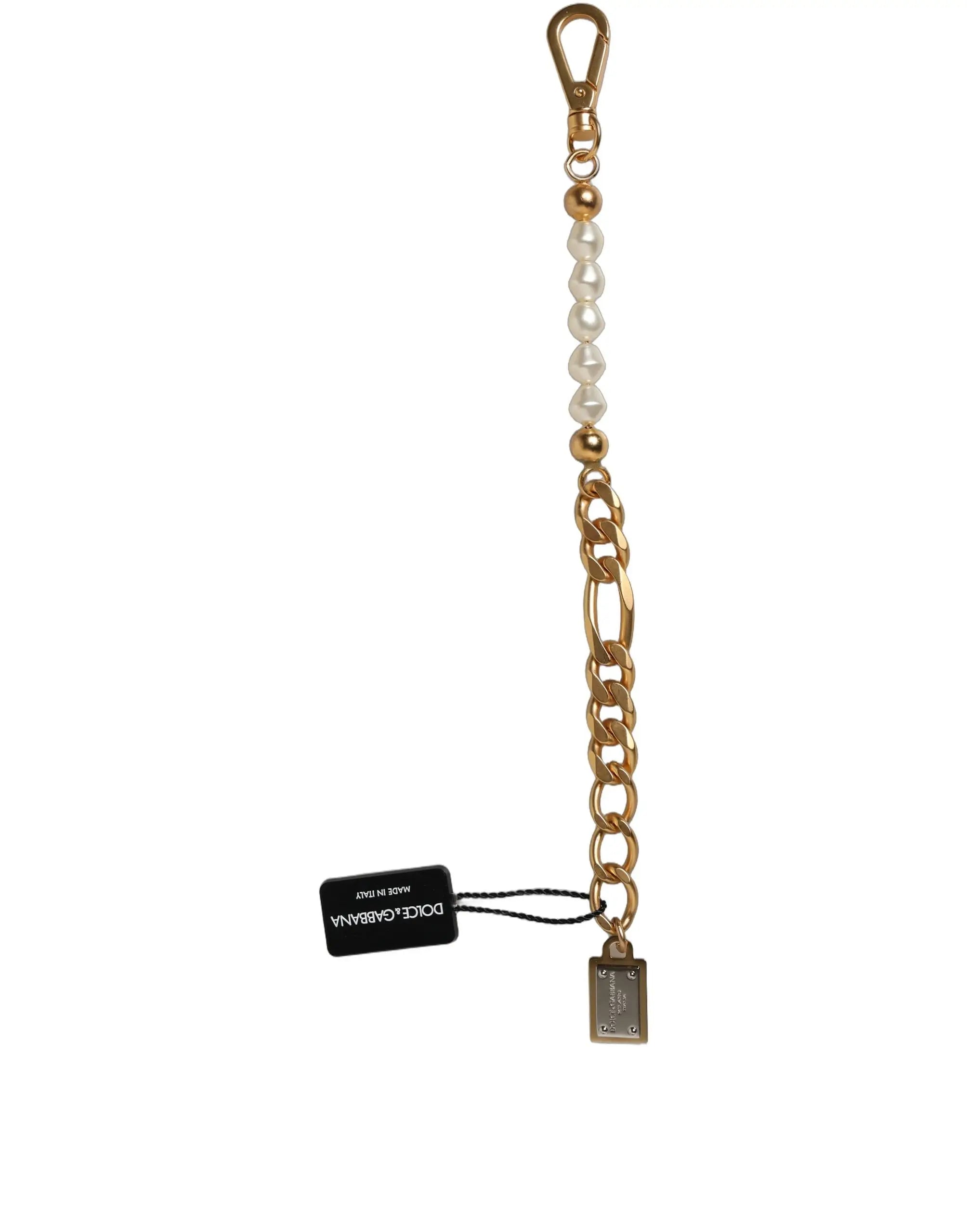 Bracelet chaîne dolce et gabbana en laiton doré avec perles blanches alternées et perles dorées et plaque métallique marque
