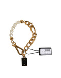 Bracelet chaîne en laiton orné de perles blanches et perles dorées avec pendentif noir dolce gabbana
