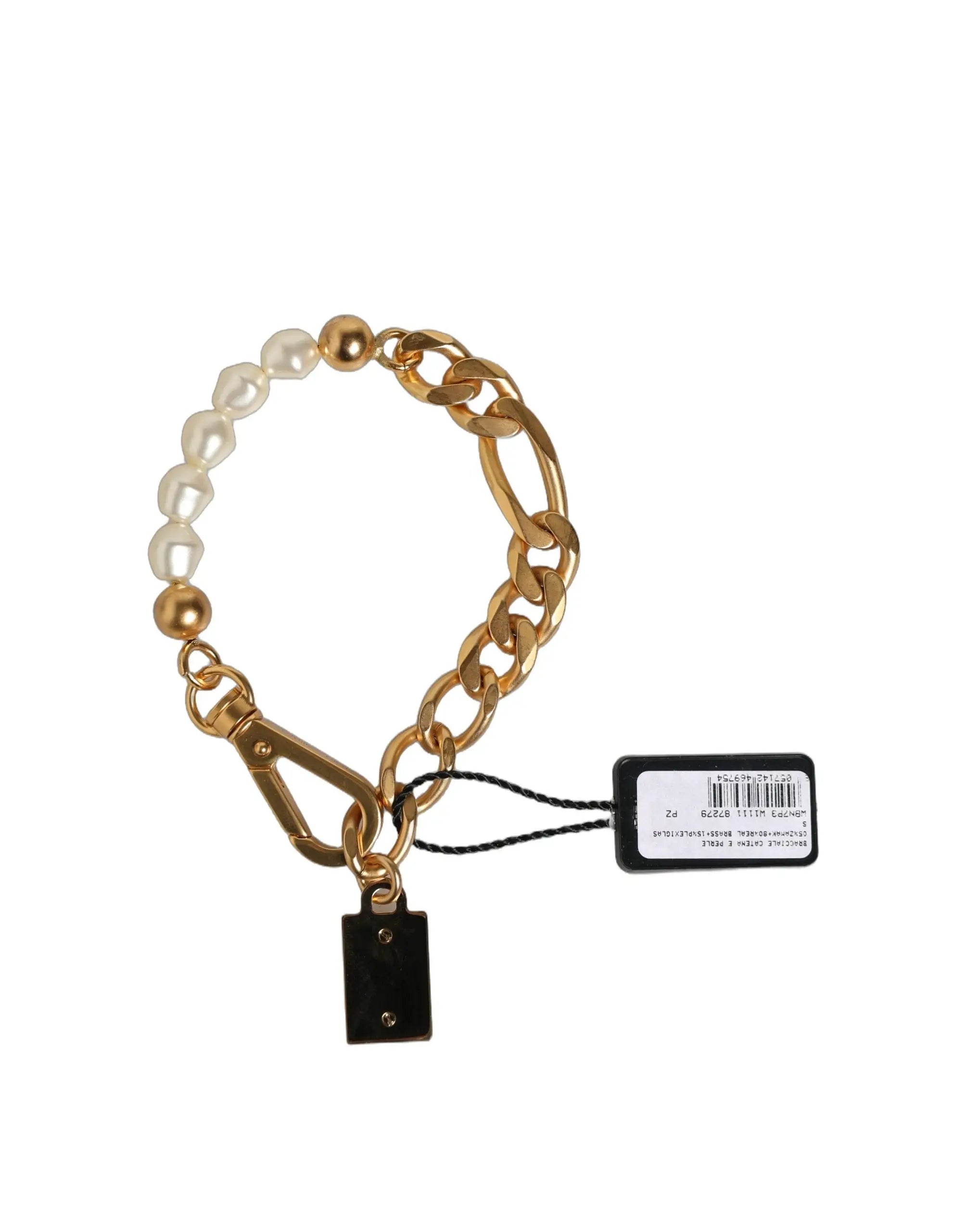 Bracelet chaîne en laiton orné de perles blanches et perles dorées avec pendentif noir dolce gabbana