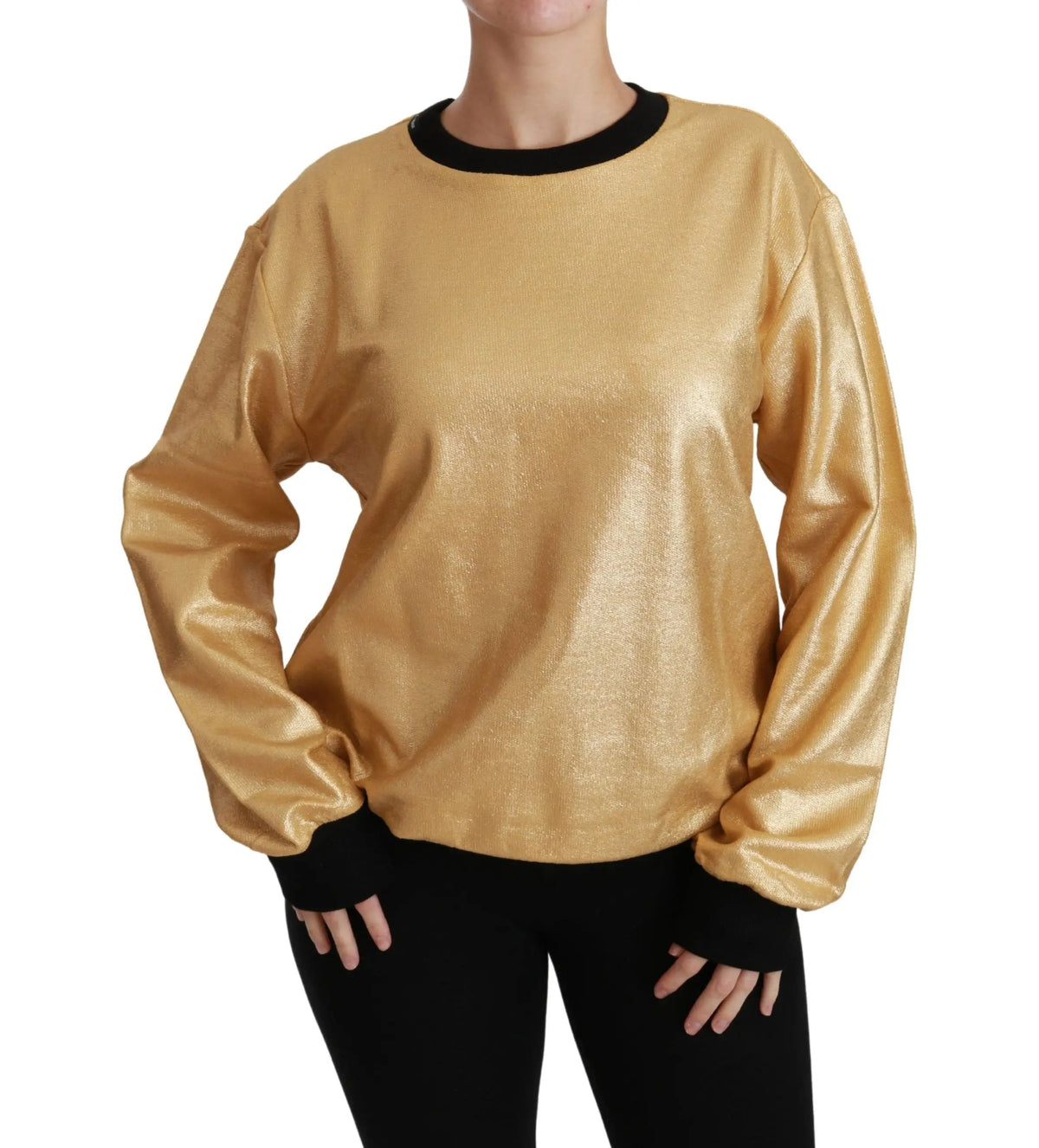 Sweatshirt dolce & gabbana en coton doré métallique à manches longues avec col rond et poignets côtelés noirs