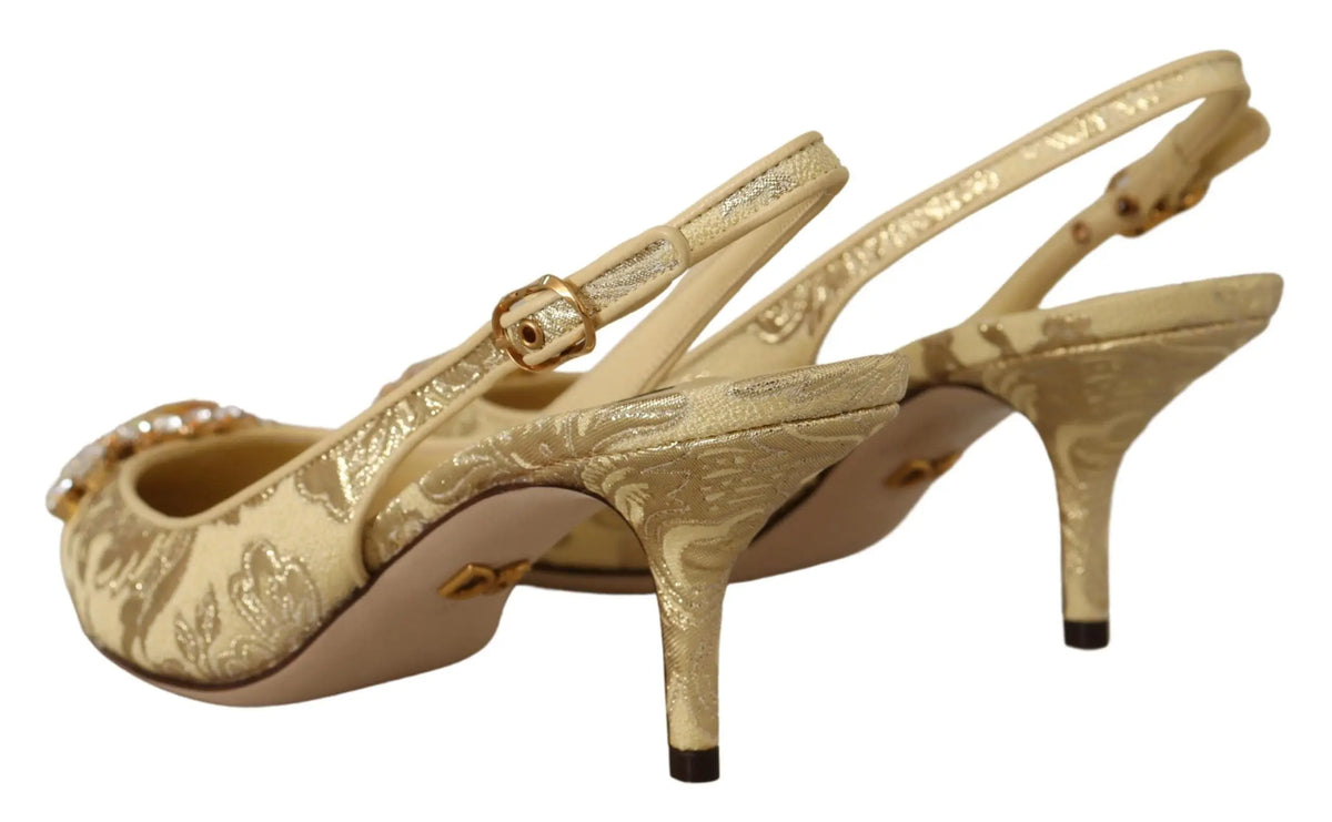 Dolce & gabbana gold satin slingback heels with floral embroidery and jeweled toe embellishment