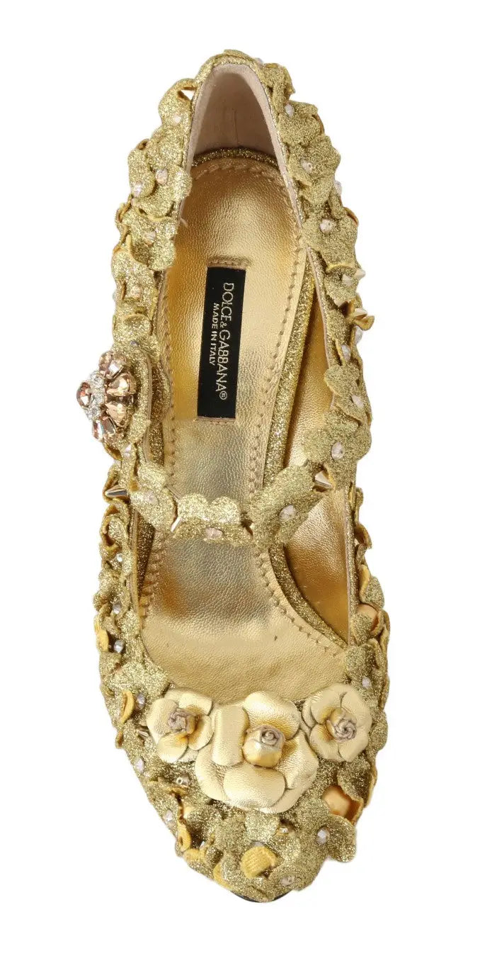 Dolce & gabbana mary jane or avec appliqués floraux et détails en perles pour une touche cristalline élégante