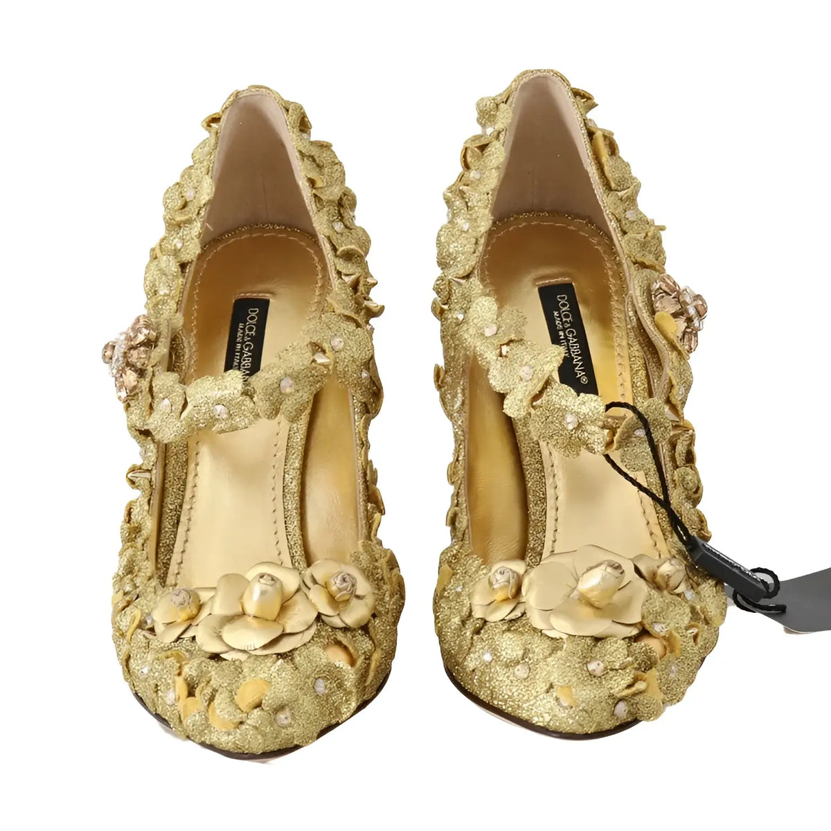 Dolce & gabbana mary jane dorées en paillettes avec appliques florales en relief et accents de perles