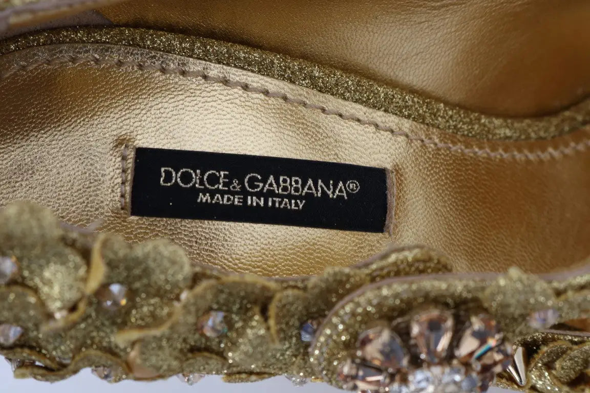 Semelle intérieure dorée pailletée ornée de cristaux avec étiquette noire dolce & gabbana des escarpins mary janes floraux