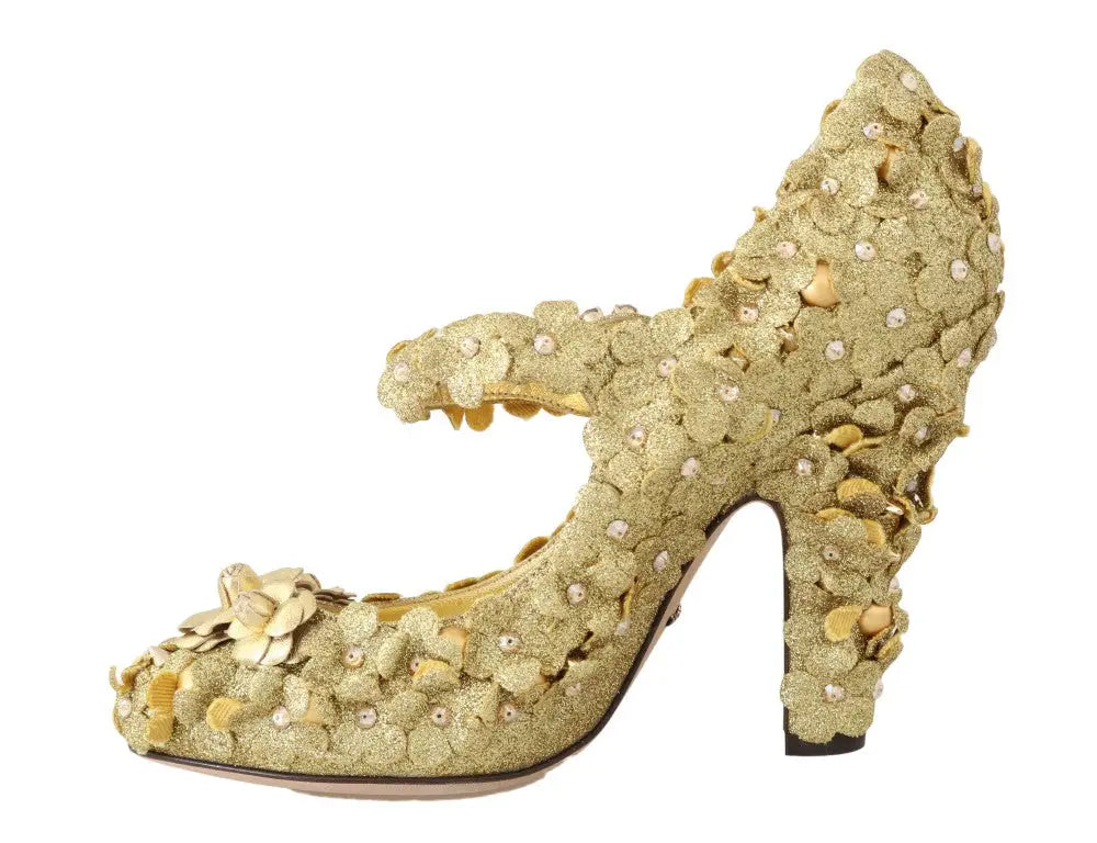 Dolce & gabbana escarpins mary janes dorés en cristal avec appliqués floraux superposés et embellissements perlés