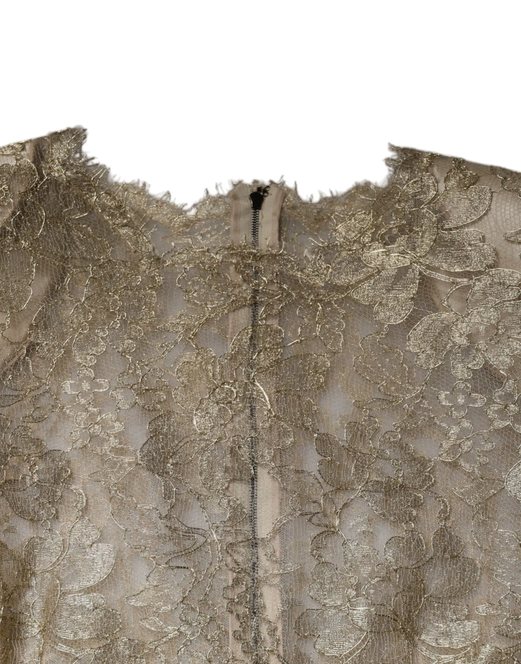 Delicate gold floral lace bodice with intricate embroidery and central zipper on dolce gabbana gold floral lace sheath dress