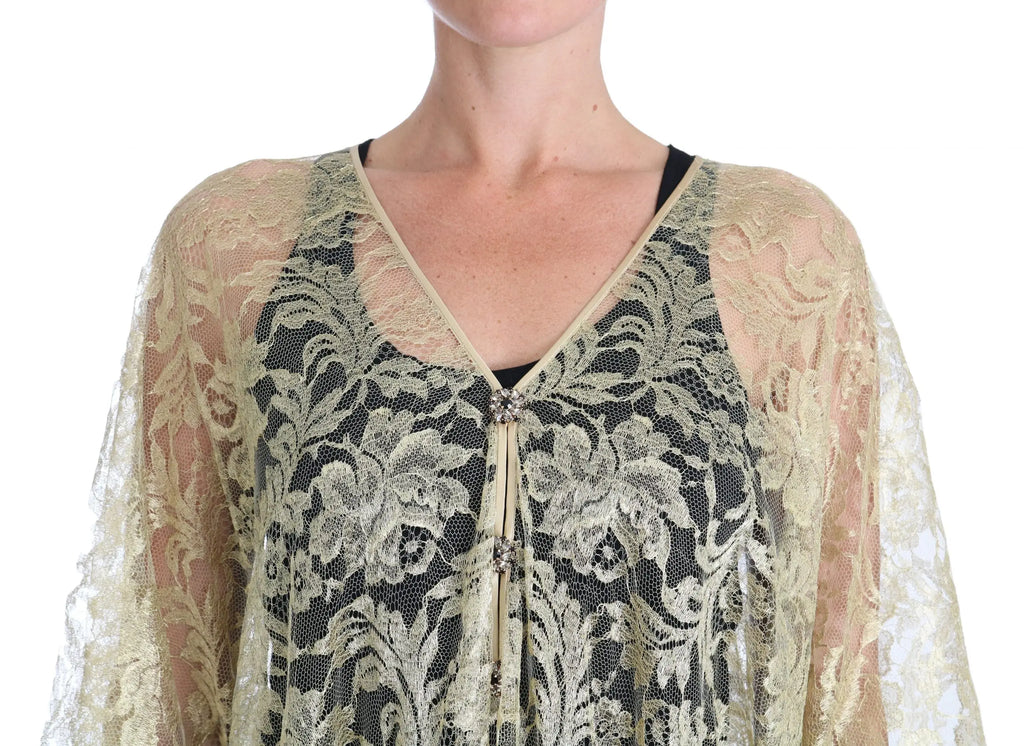 Un cardigan en dentelle beige délicate avec motifs floraux, col en v, perles subtiles, de dolce & gabbana