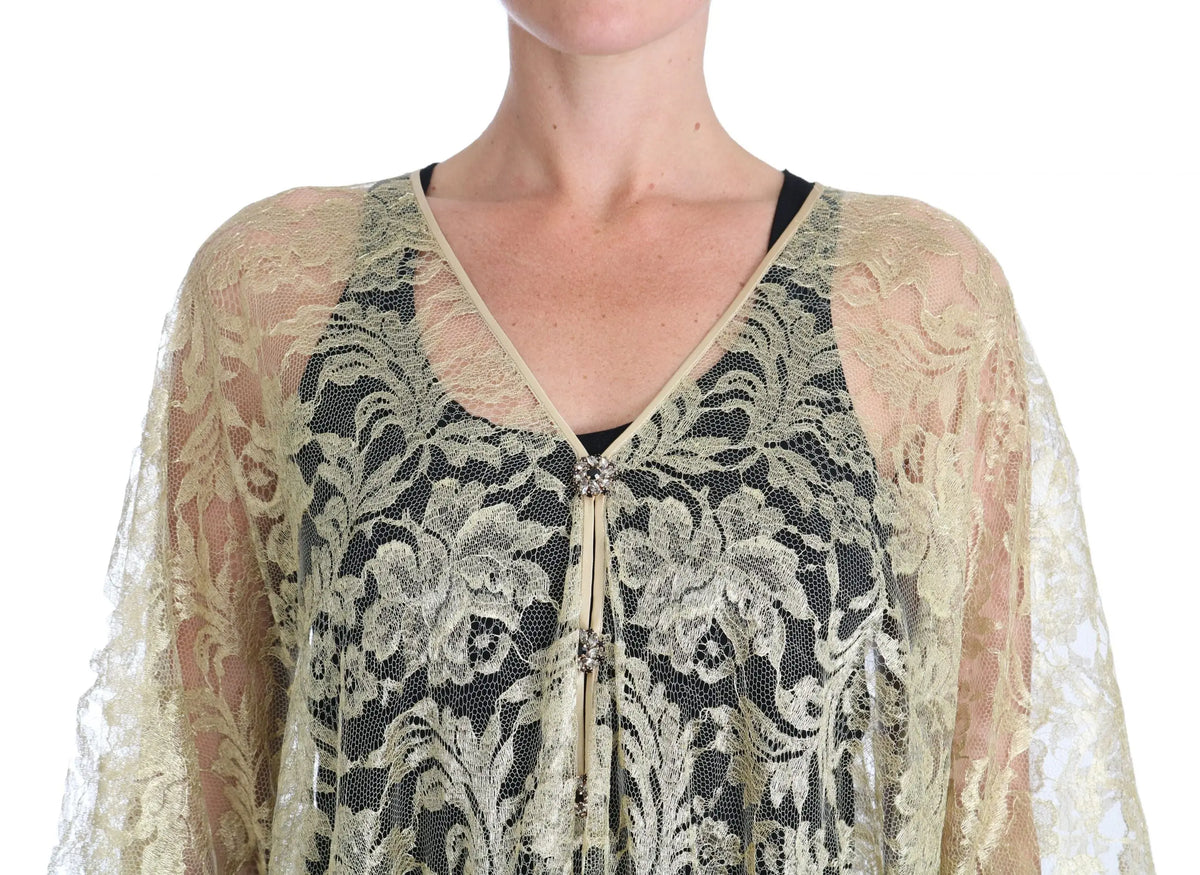 Un cardigan en dentelle beige délicate avec motifs floraux, col en v, perles subtiles, de dolce & gabbana