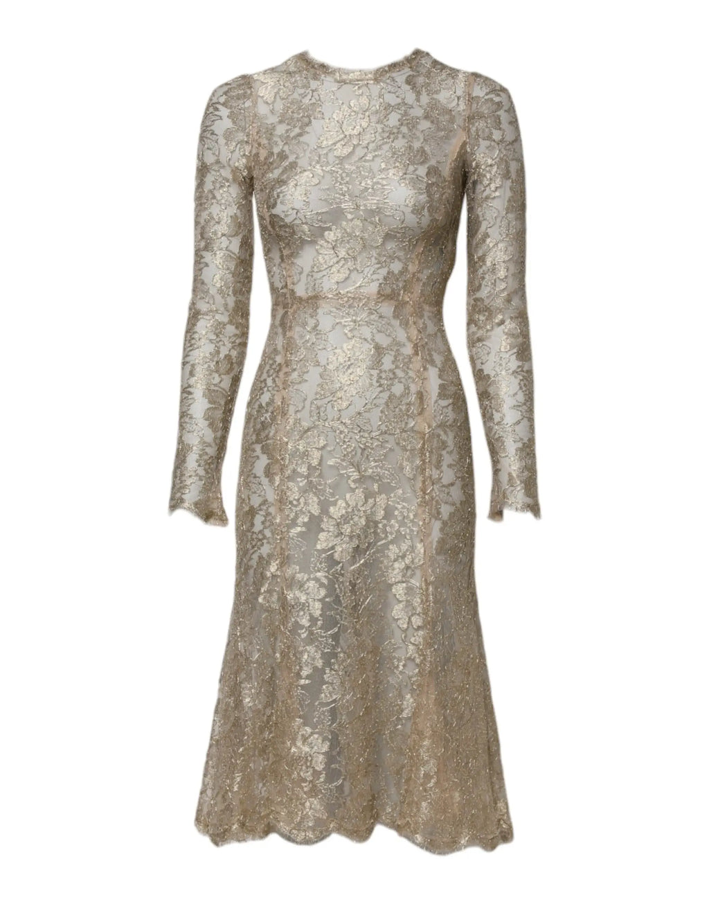 Robe midi en dentelle florale dorée dolce & gabbana à manches longues et silhouette ajustée élégante