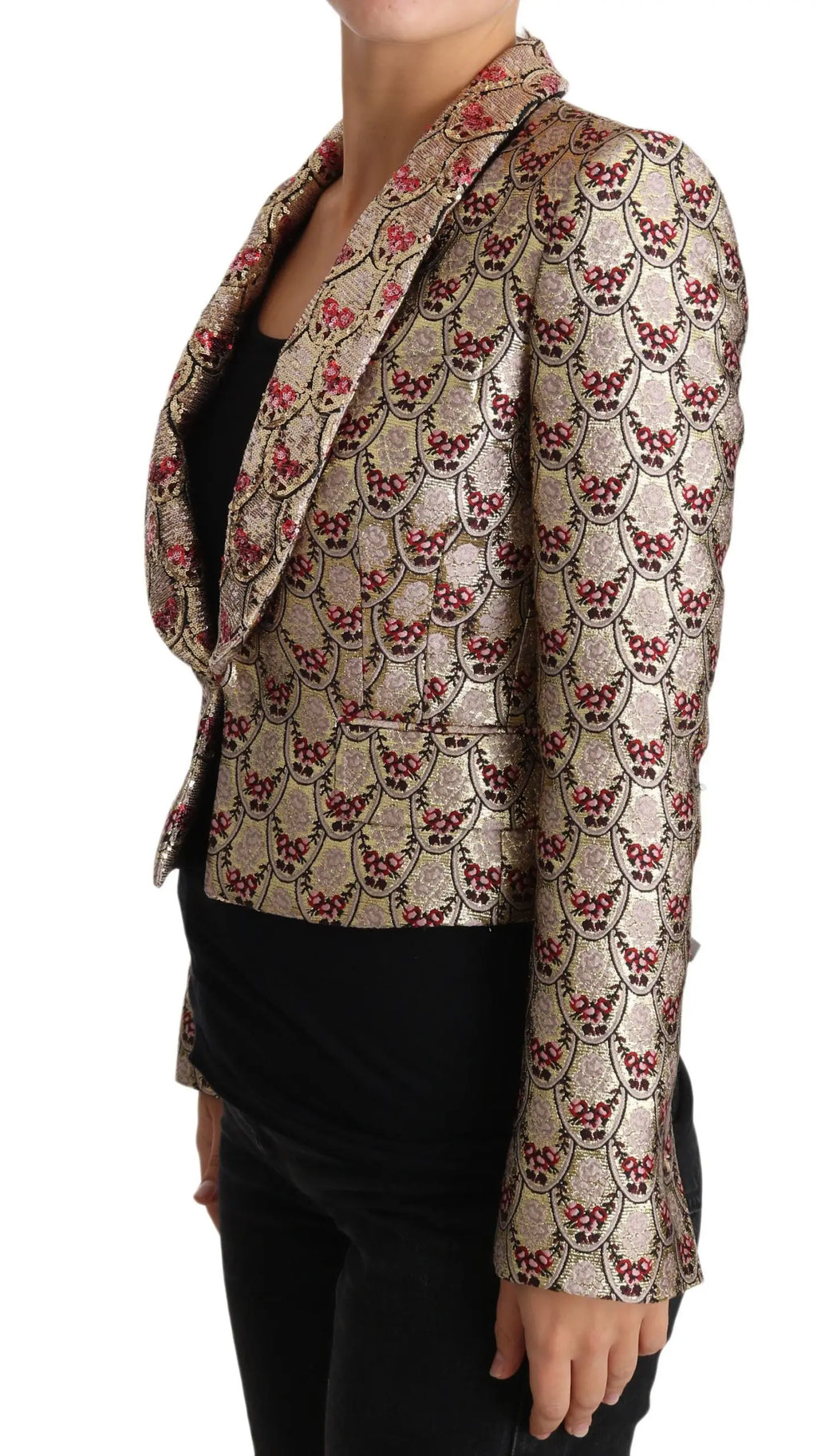 Blazer court dolce & gabbana en tissu doré métallique et bordeaux avec motif floral stylisé et sequins