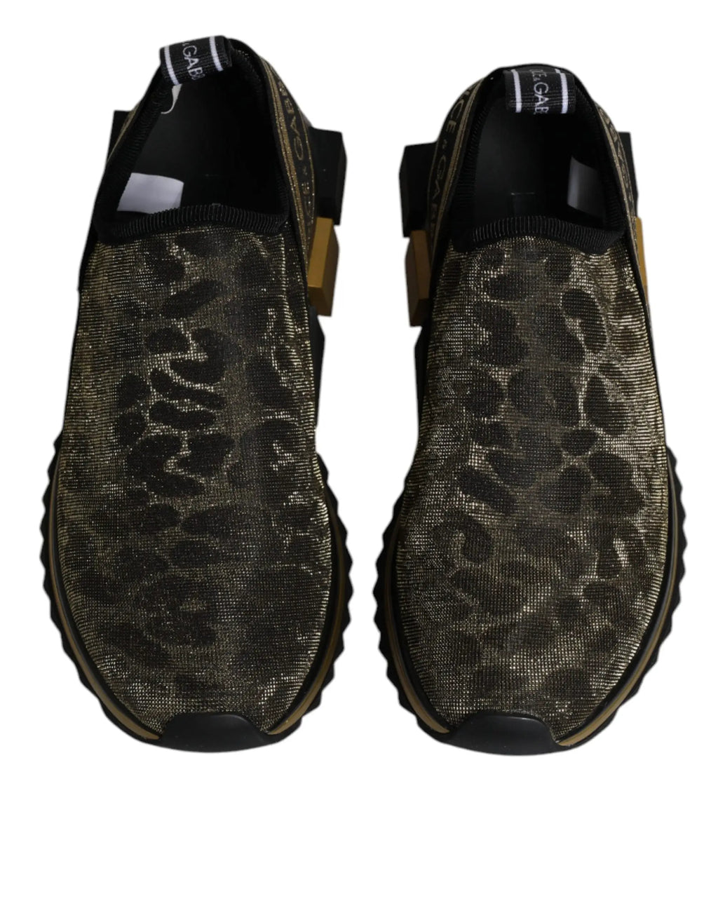 Baskets slip-on dolce & gabbana leopard vert olive et noir avec accents dorés sur les côtés glitter
