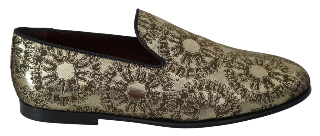 Dolce & gabbana mocassins hommes en jacquard or avec broderie florale métallique bordure et semelle en cuir noir