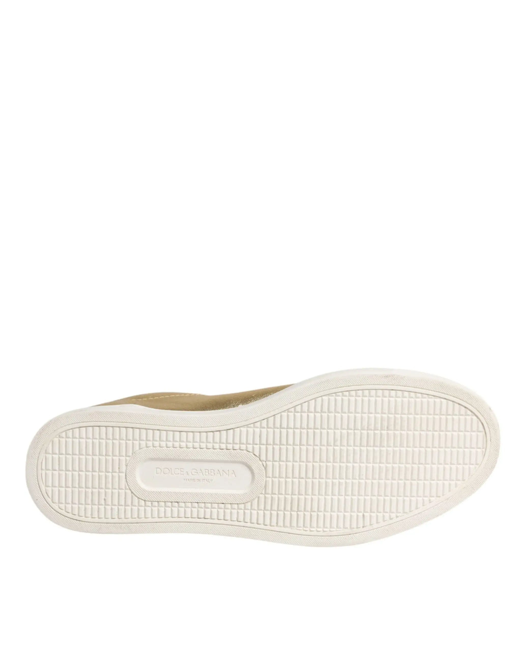 Vue arrière des baskets homme dolce & gabbana london en cuir or avec semelle blanche texturée et logo embossé