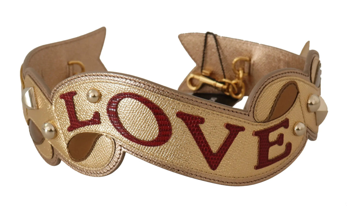 Dolce & gabbana gold leather belt with love embroidered in maroon and gold-tone buckle for shoulder strap