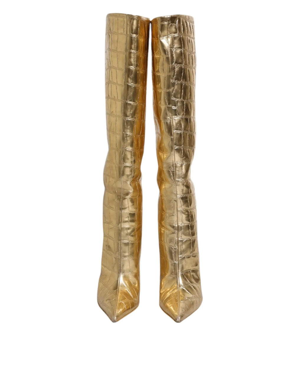 Dolce & gabbana bottes hautes en cuir doré effet croco avec talons stilettos et bout pointu jusquau genou