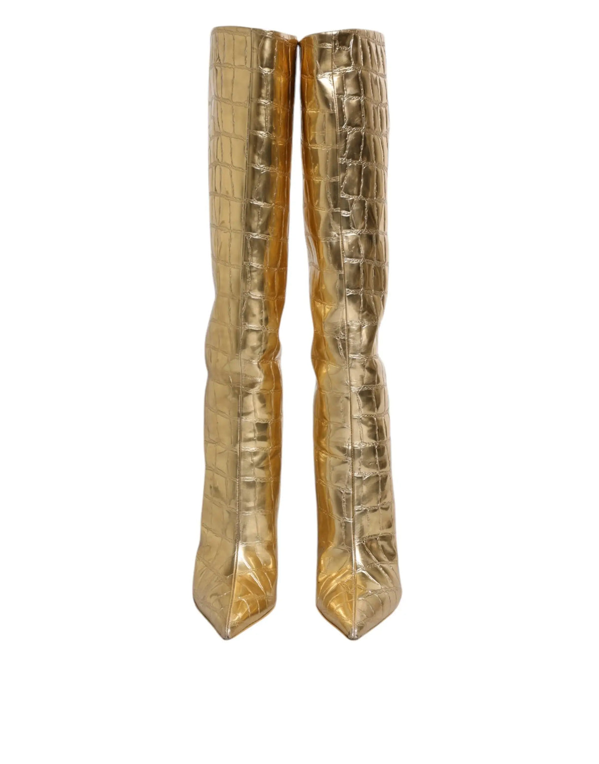 Dolce & gabbana bottes hautes en cuir doré effet croco avec talons stilettos et bout pointu jusquau genou
