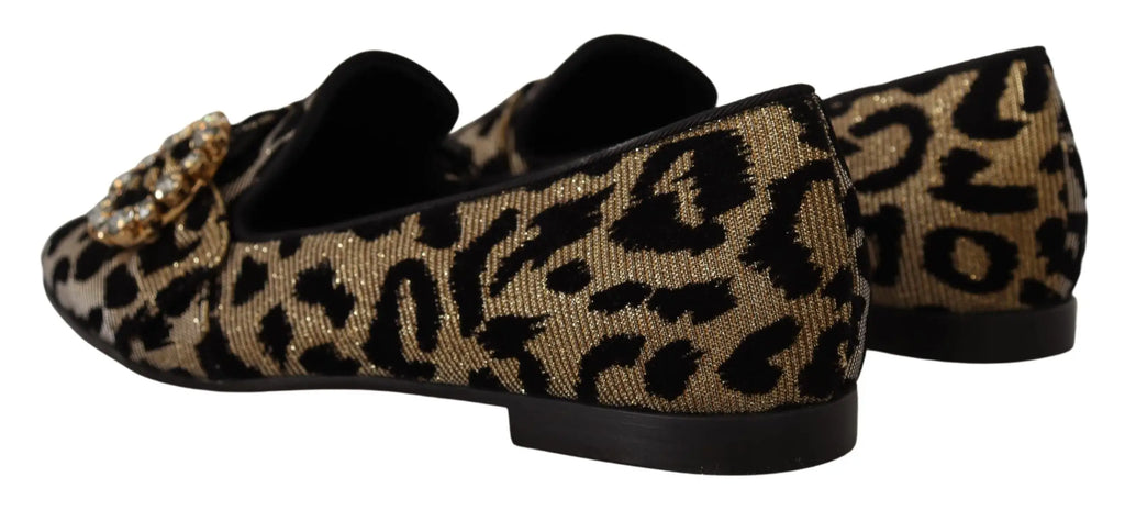 Dolce & gabbana mocassins en cuir doré imprimé léopard avec ornements scintillants sur le bout