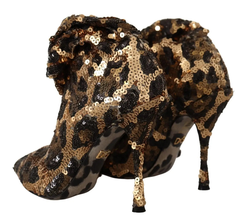 Dolce & Gabbana bottes à talons en sequins dorés léopard noir et or en cuir pour femme