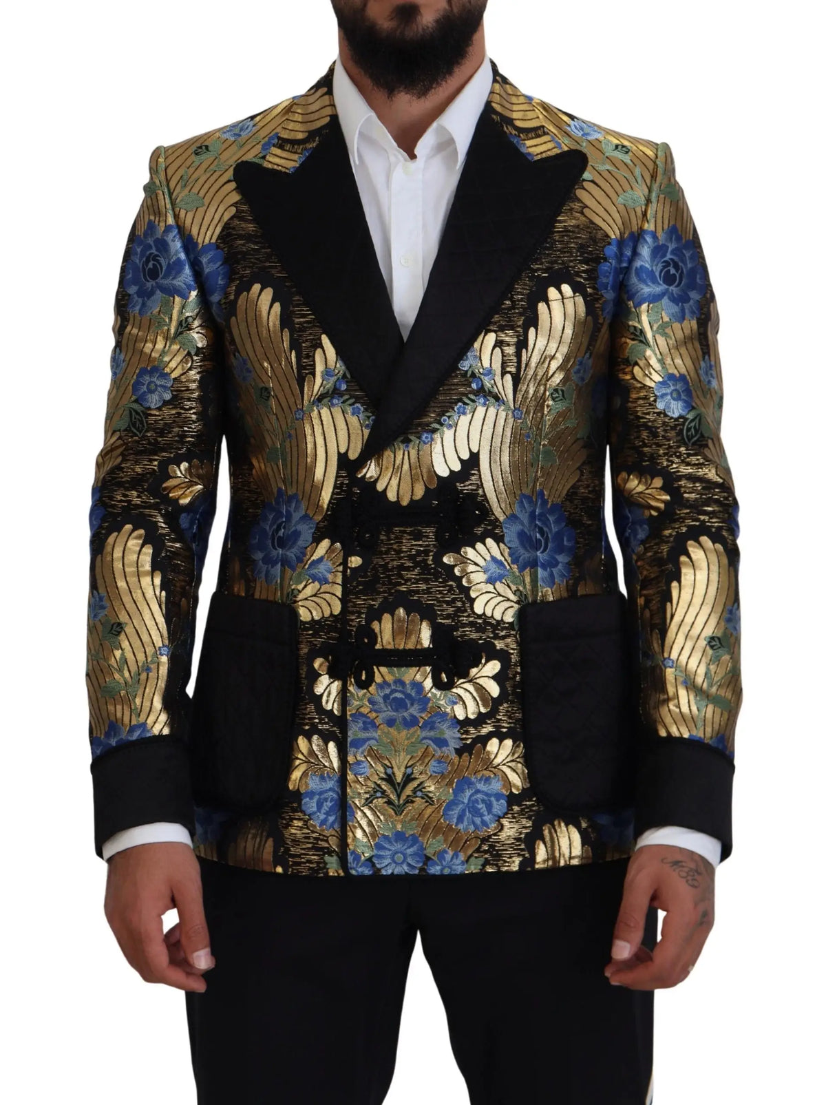 Dolce & gabbana gold lurex veste blazer double boutonnage avec motif floral bleu et or et revers, poignets et poches en satin noir