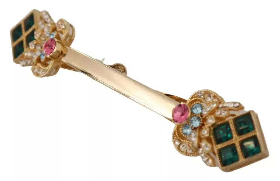 Dolce & gabbana broche clip de col en argent sterling 925 plaqué or avec cristaux et pierres précieuses vert émeraude et rose